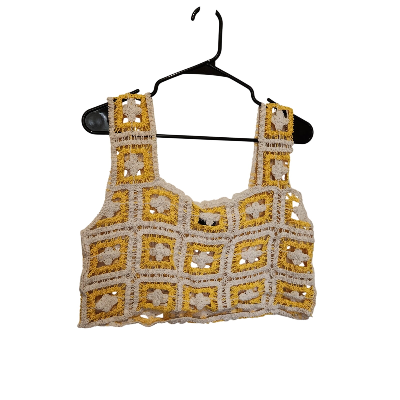 Julia Love J Yellow Floral Granny Square Pointelle Chic Crochet Crop Top Medium